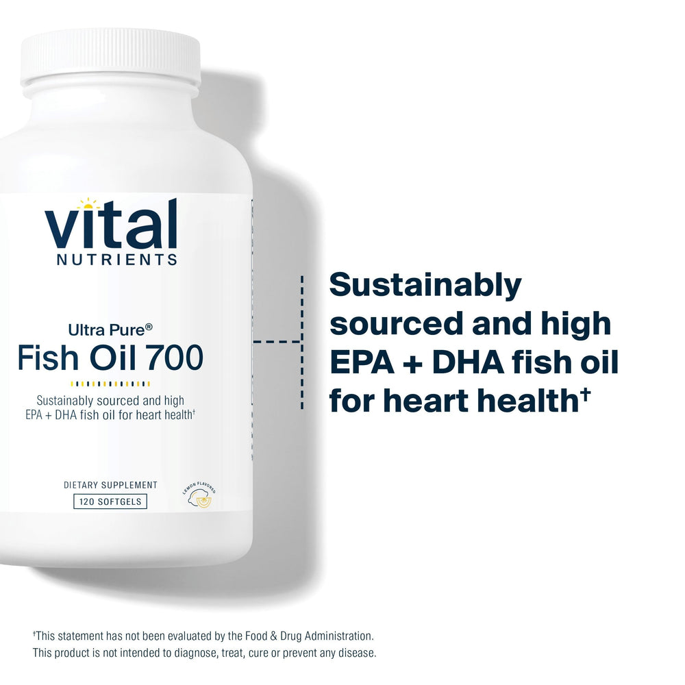 Vital Nutrients Ultra Pure Fish Oil 700 softgels closeup shows clear capsules with no fishy aftertaste