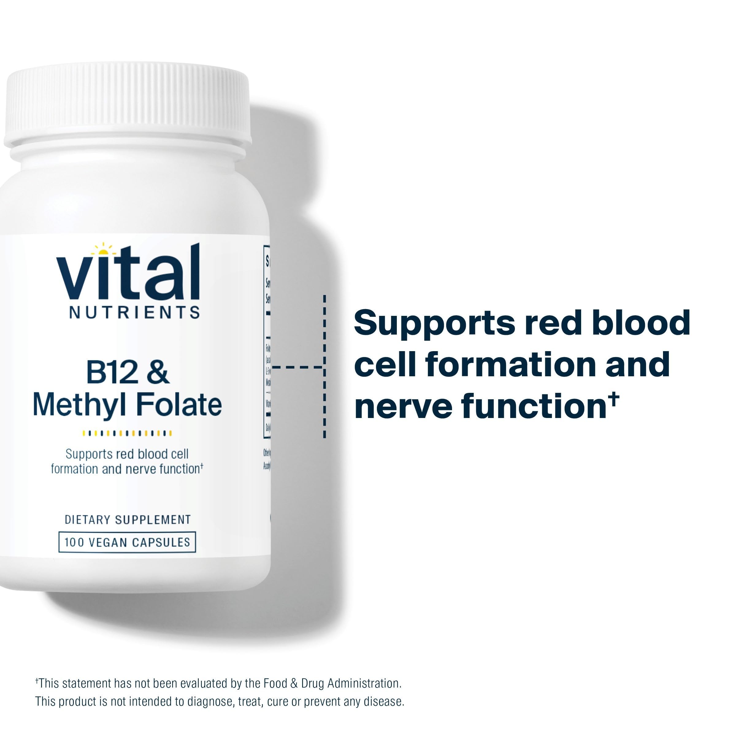 Vital Nutrients vegan 5-MTHF B12 capsules packaging communicates gluten and dairy-free options.