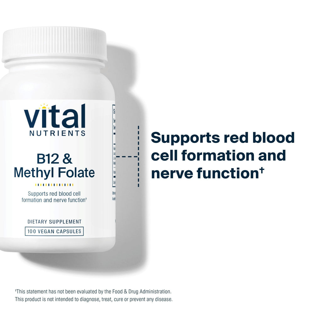 Vital Nutrients vegan 5-MTHF B12 capsules packaging communicates gluten and dairy-free options.