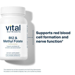 Vital Nutrients vegan 5-MTHF B12 capsules packaging communicates gluten and dairy-free options.