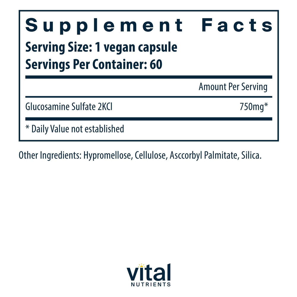 Close-up of Vital Nutrients vegan glucosamine sulfate capsules showing 750mg potency