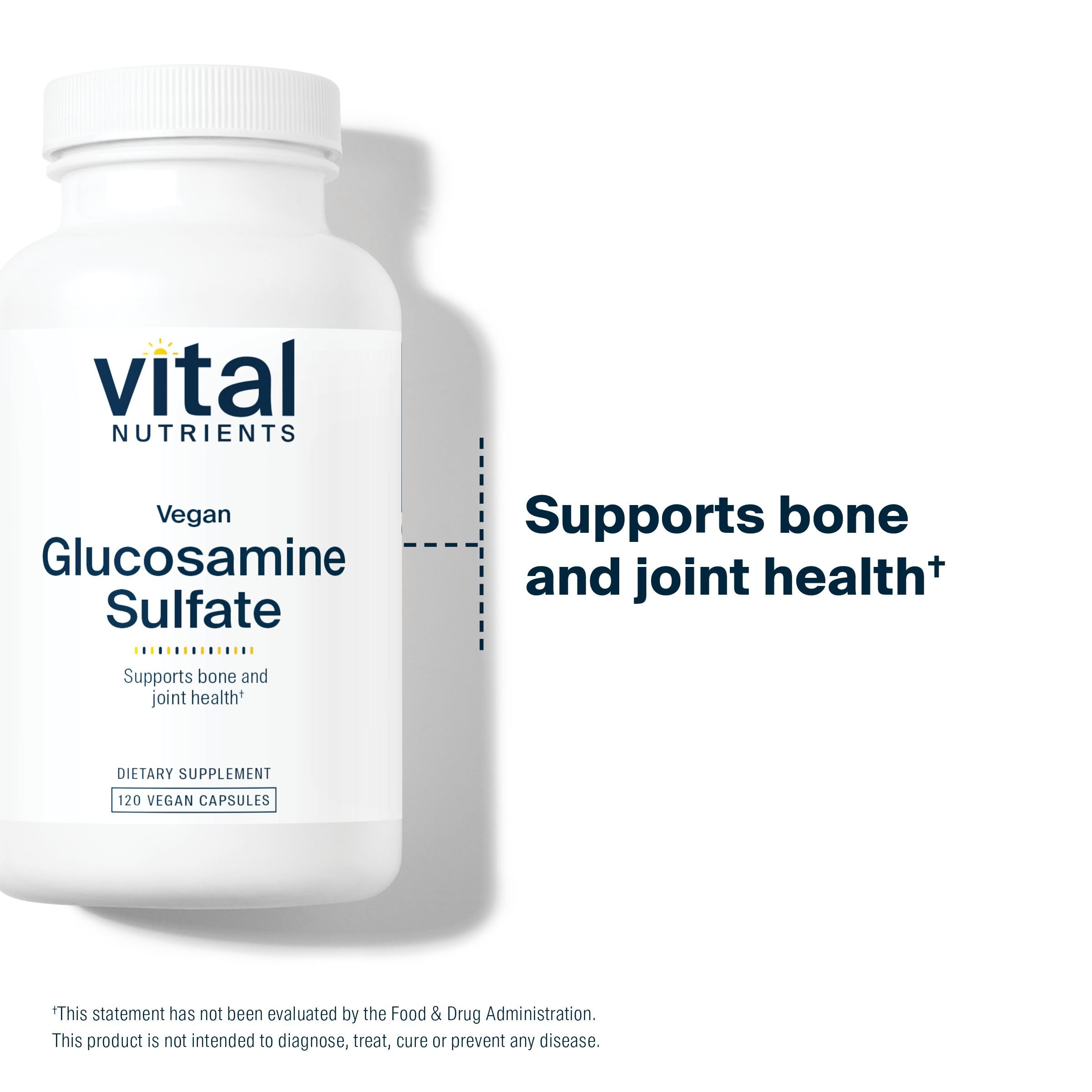 Vital Nutrients vegan glucosamine sulfate packaging close-up emphasizing allergen-free formula