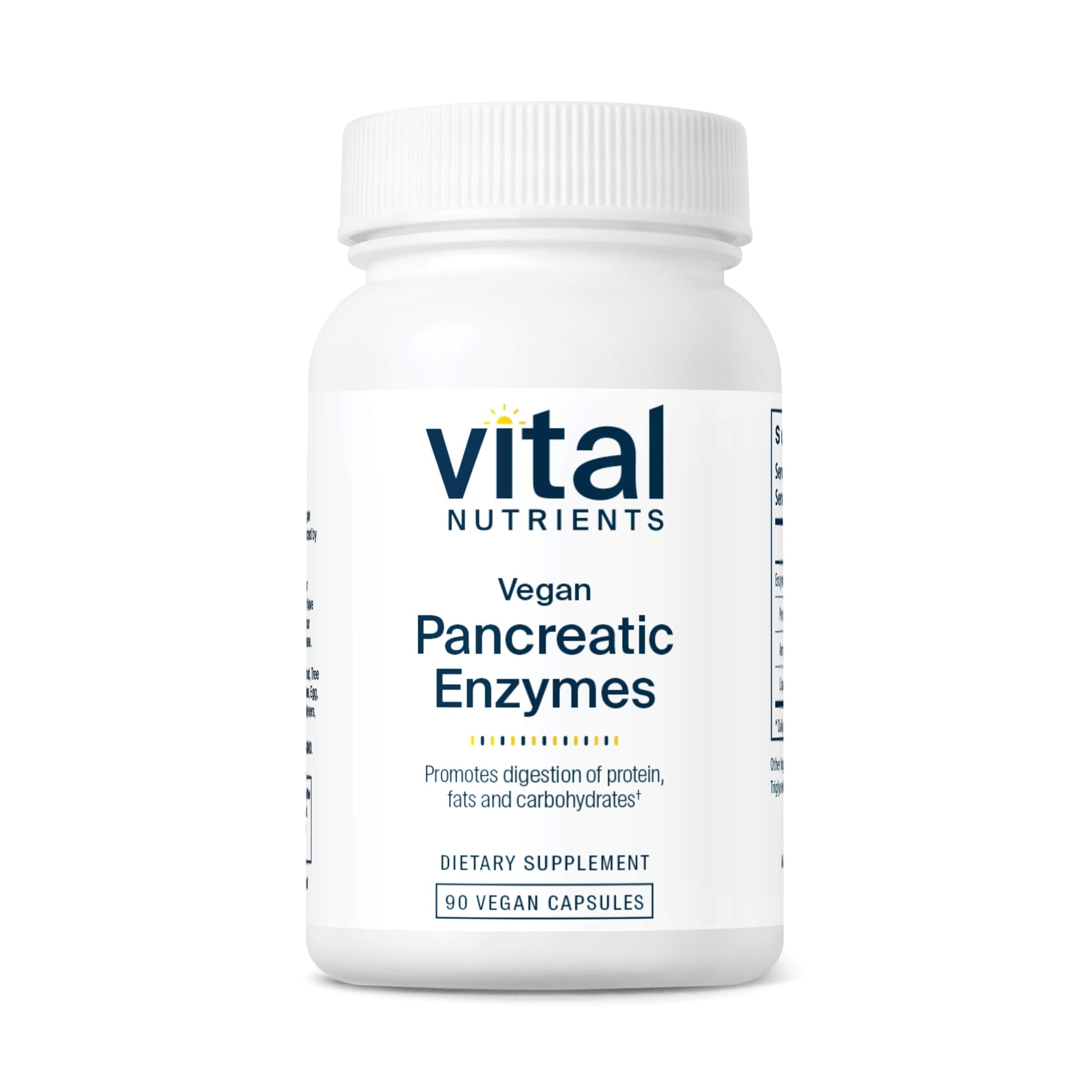 Vital Nutrients Vegan Pancreatic Enzymes bottle front highlights clean label and trusted digestive support.