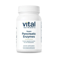 Vital Nutrients Vegan Pancreatic Enzymes bottle front highlights clean label and trusted digestive support.