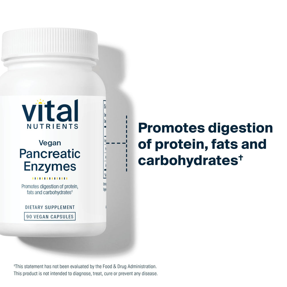Vital Nutrients Vegan Pancreatic Enzymes capsules layout shows gluten-free and dairy-free formulation great for sensitive diets.