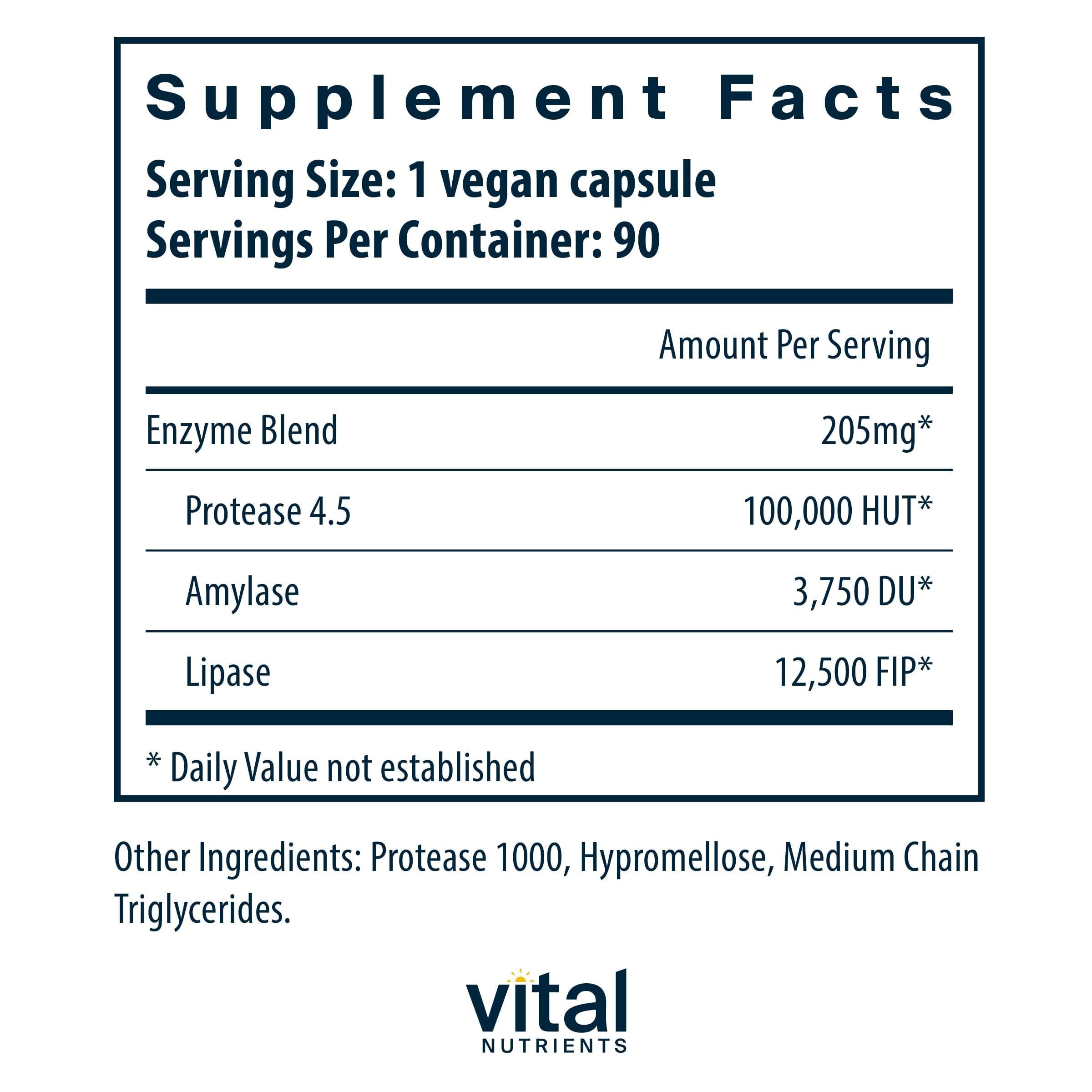 Vital Nutrients Vegan Pancreatic Enzymes label closeup emphasizes protease lipase amylase for nutrient absorption.