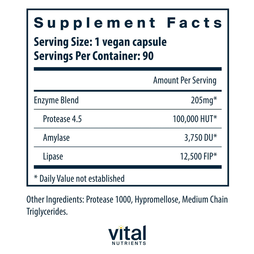 Vital Nutrients Vegan Pancreatic Enzymes label closeup emphasizes protease lipase amylase for nutrient absorption.