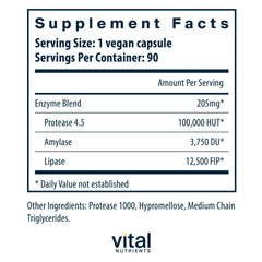Vital Nutrients Vegan Pancreatic Enzymes label closeup emphasizes protease lipase amylase for nutrient absorption.