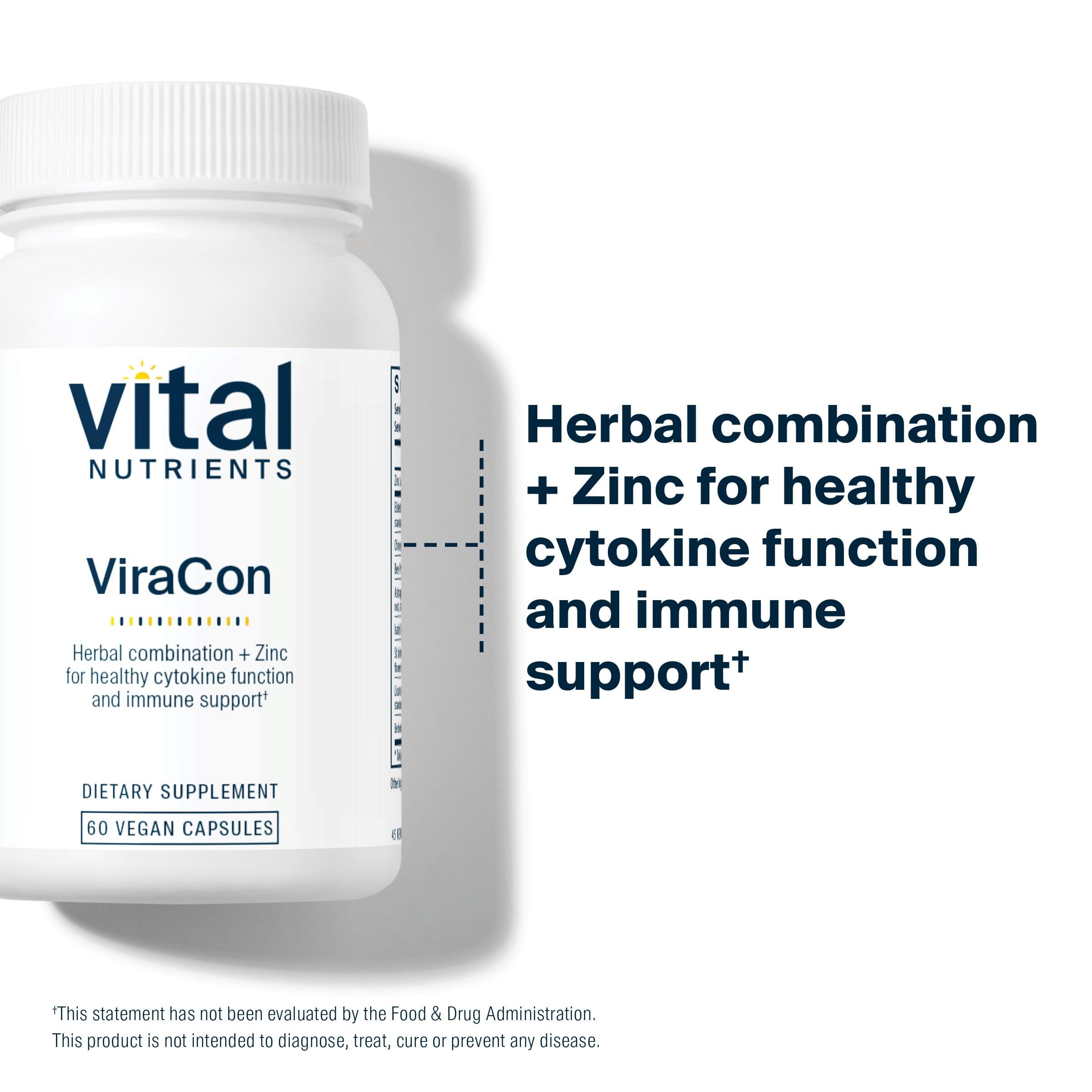 Vital Nutrients ViraCon label close-up highlights elderberry and zinc in a clean formula.