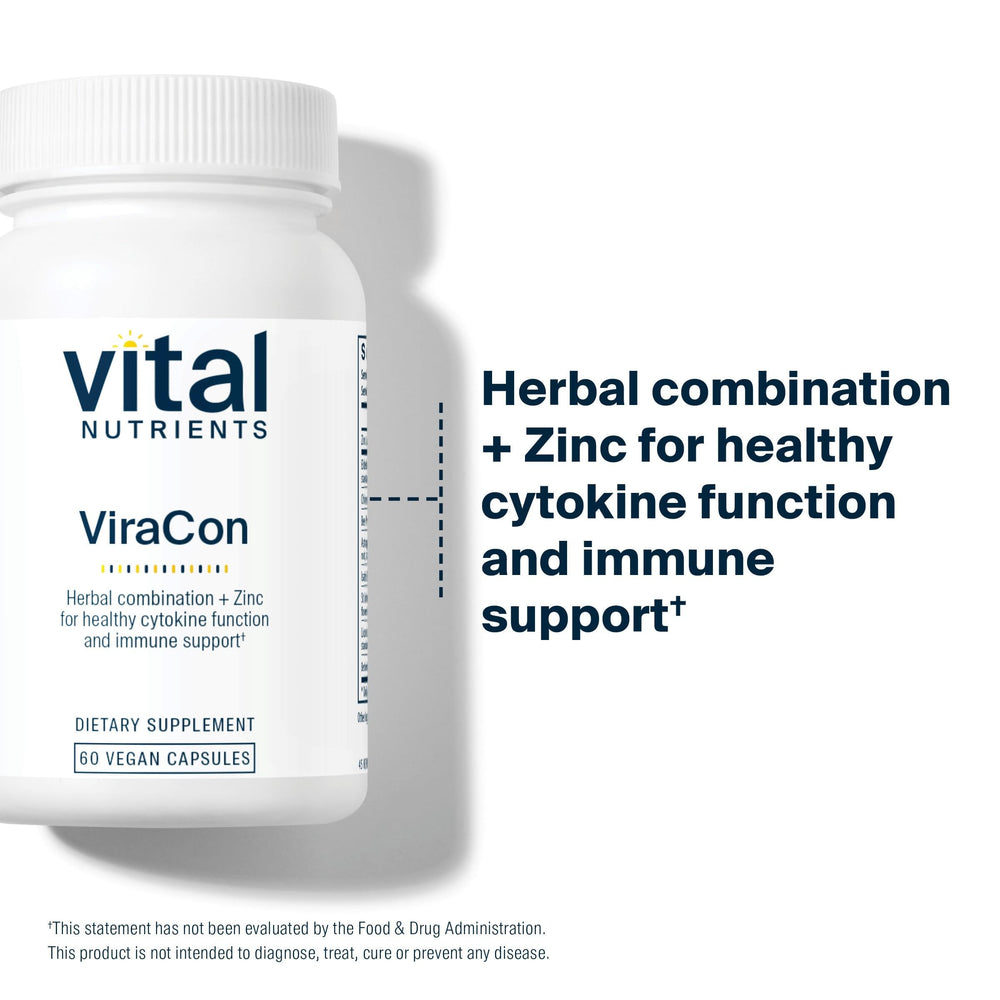 Vital Nutrients ViraCon label close-up highlights elderberry and zinc in a clean formula.