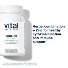 Vital Nutrients ViraCon label close-up highlights elderberry and zinc in a clean formula.