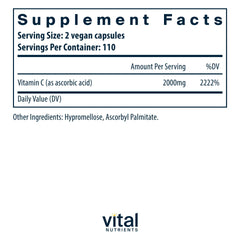 Vital Nutrients Vitamin C 1000mg ingredients panel shows clean vegan, non-GMO formula
