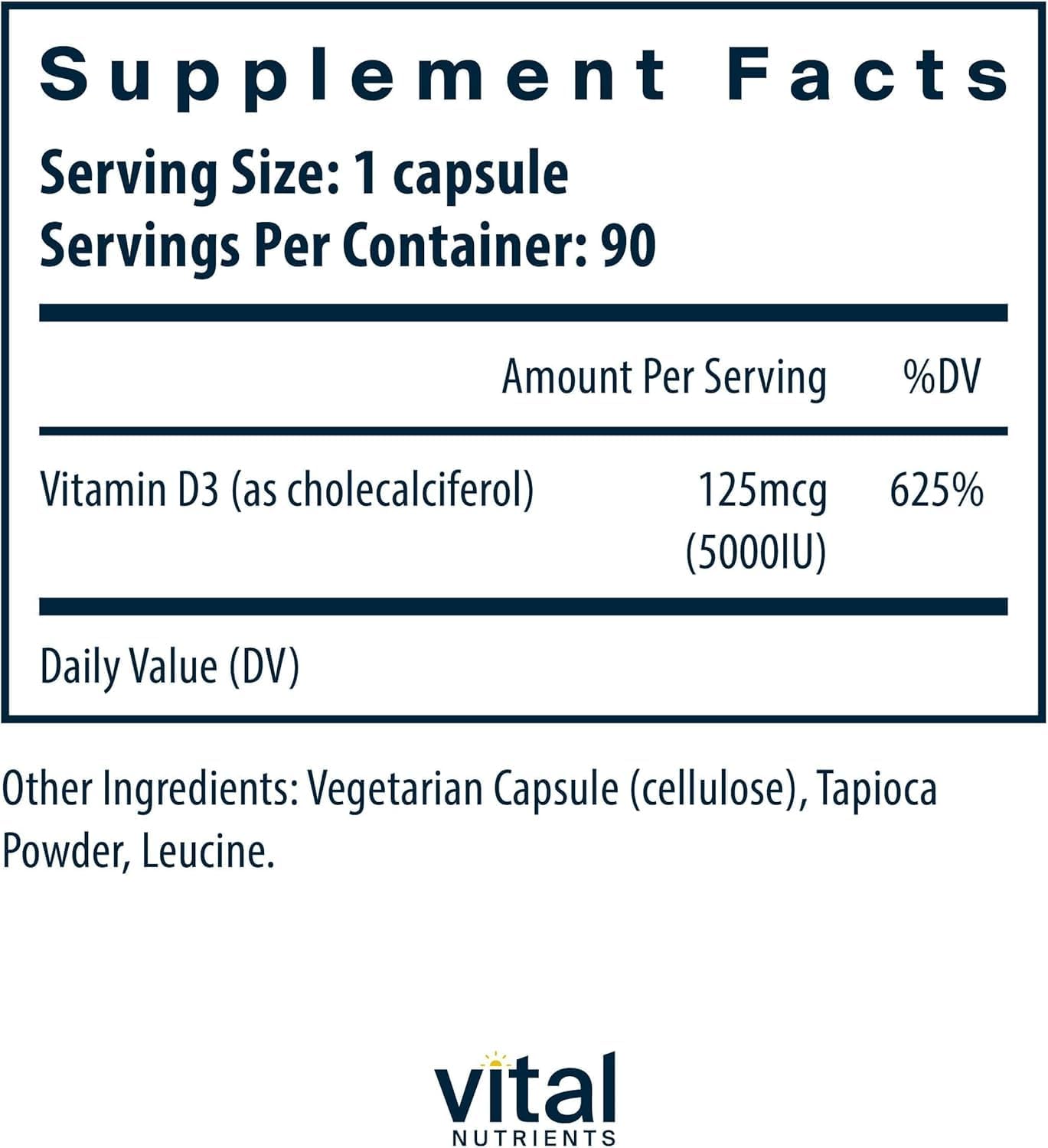 Vital Nutrients Vitamin D3 5000 IU label close-up showing clean formula