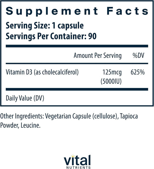 Vital Nutrients Vitamin D3 5000 IU label close-up showing clean formula