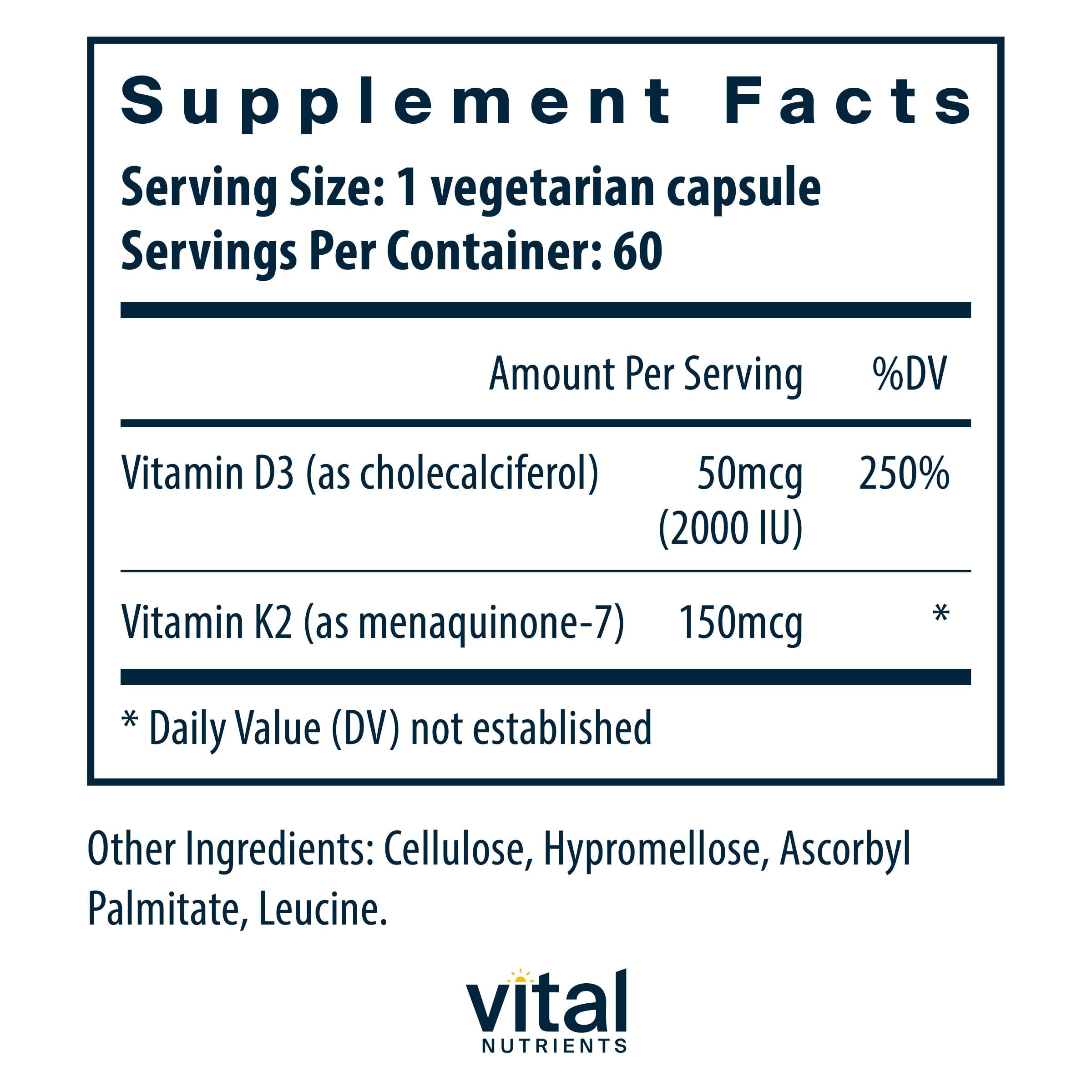 Vital Nutrients D3 K2 capsules up close showing bone-supporting supplement.