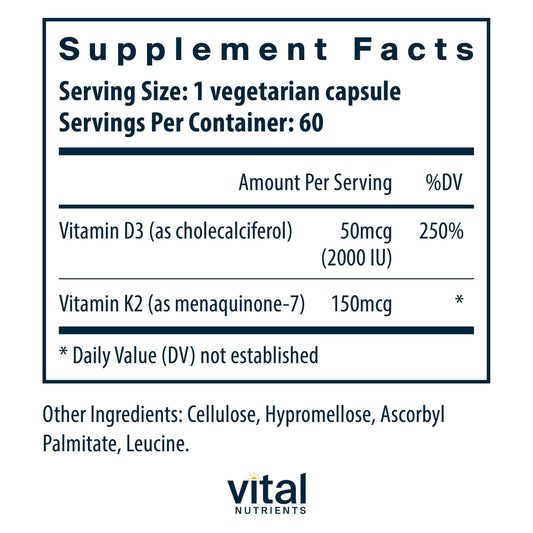 Vital Nutrients D3 K2 capsules up close showing bone-supporting supplement.