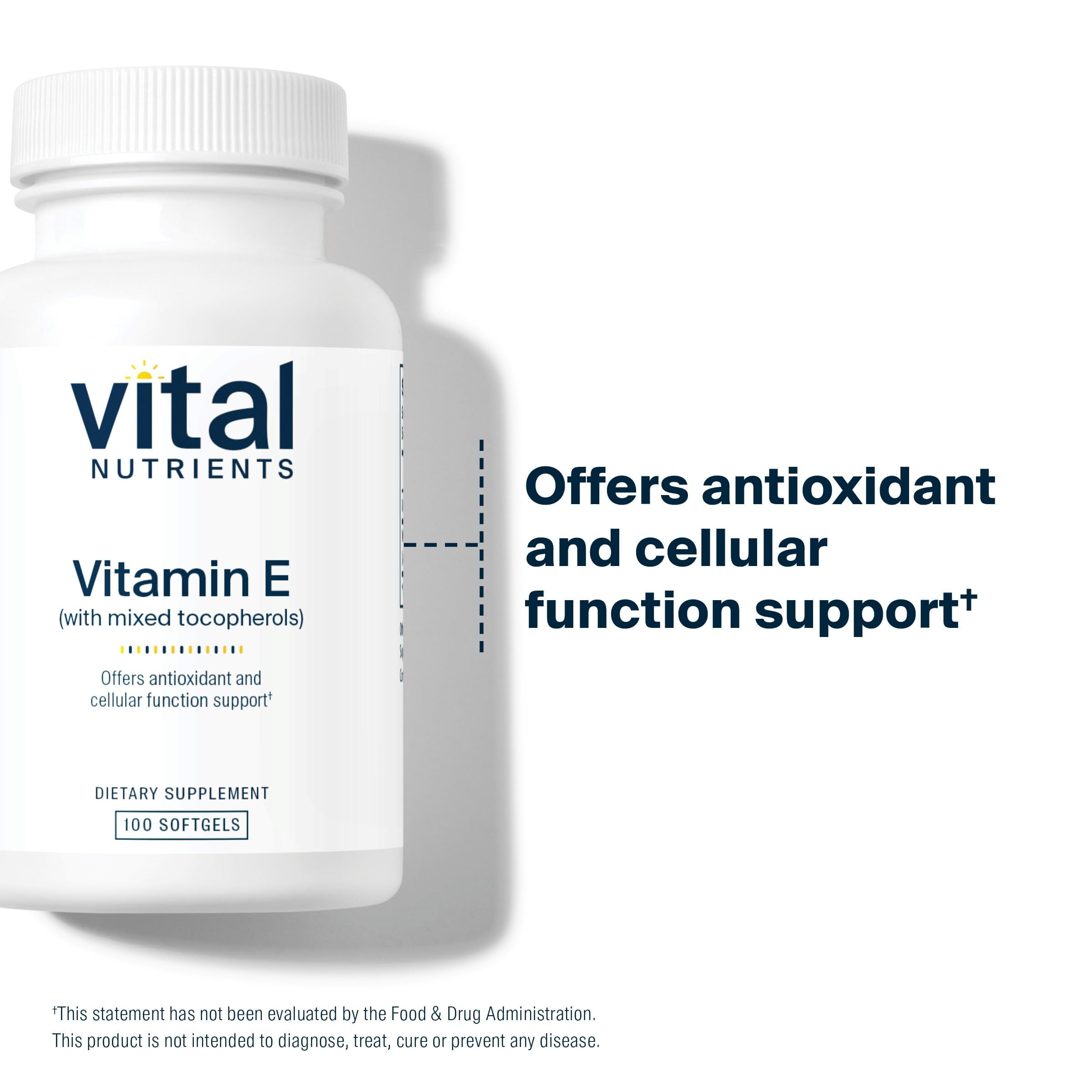 Vital Nutrients Vitamin E mixed tocopherols label highlights gluten-free and non-GMO formula.
