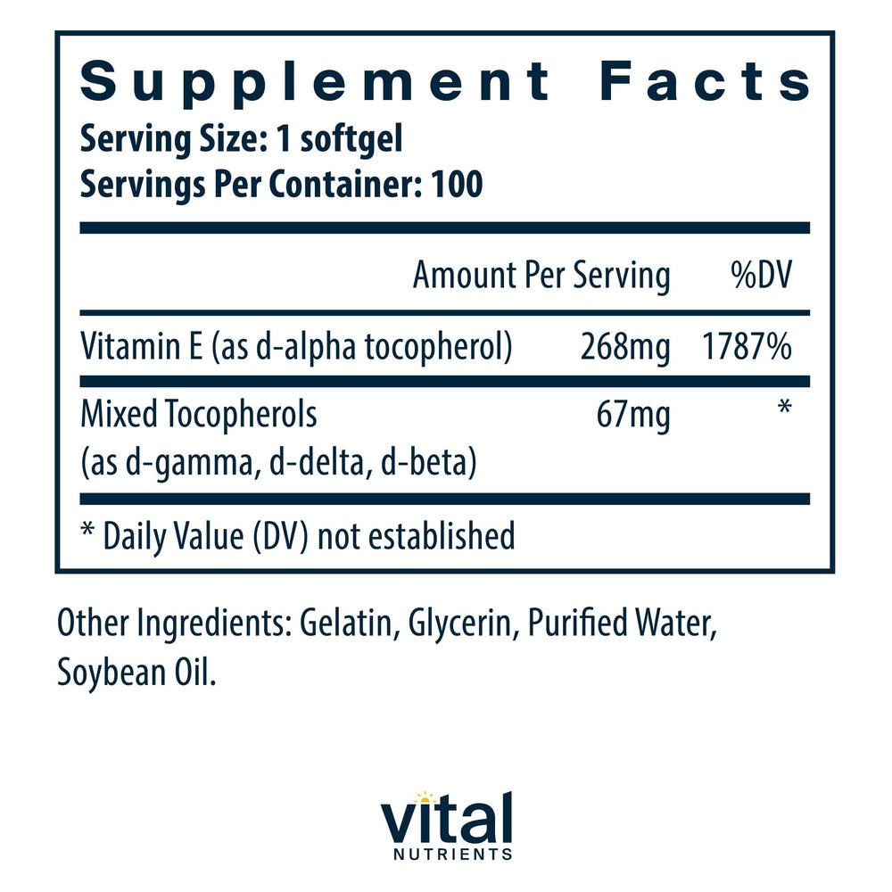 Vital Nutrients Vitamin E mixed tocopherols softgels ready for daily cardiovascular support.