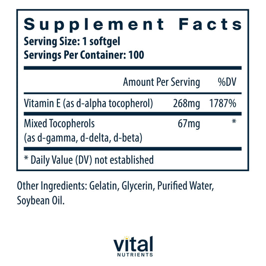 Vital Nutrients Vitamin E mixed tocopherols softgels ready for daily cardiovascular support.