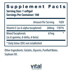Vital Nutrients Vitamin E mixed tocopherols softgels ready for daily cardiovascular support.