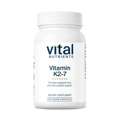 Vital Nutrients Vitamin K2-7 bottle showcases vegan capsules supporting calcium distribution toward bones.