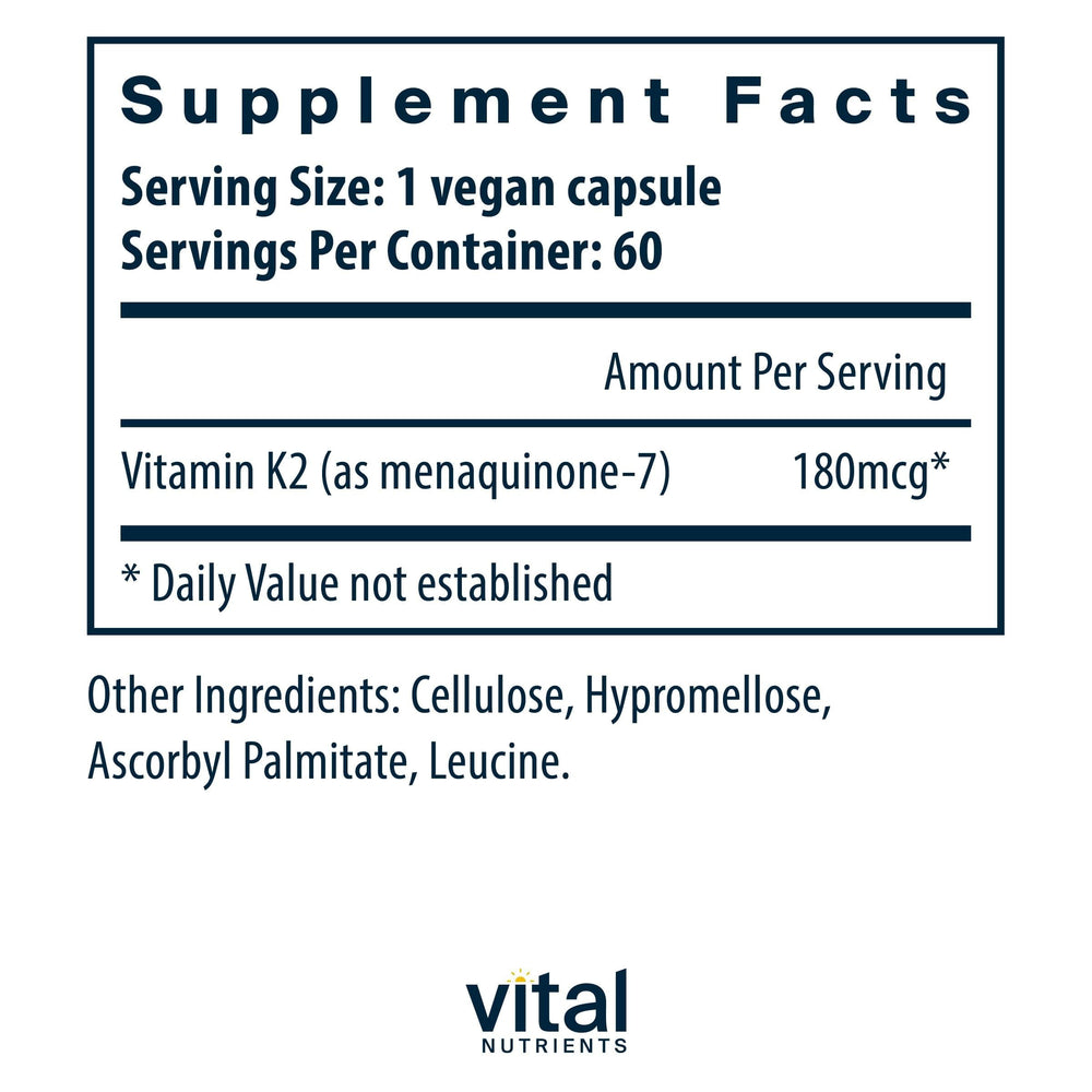 Vital Nutrients Vitamin K2-7 capsules close-up highlights clean non-GMO composition.