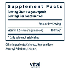 Vital Nutrients Vitamin K2-7 capsules close-up highlights clean non-GMO composition.