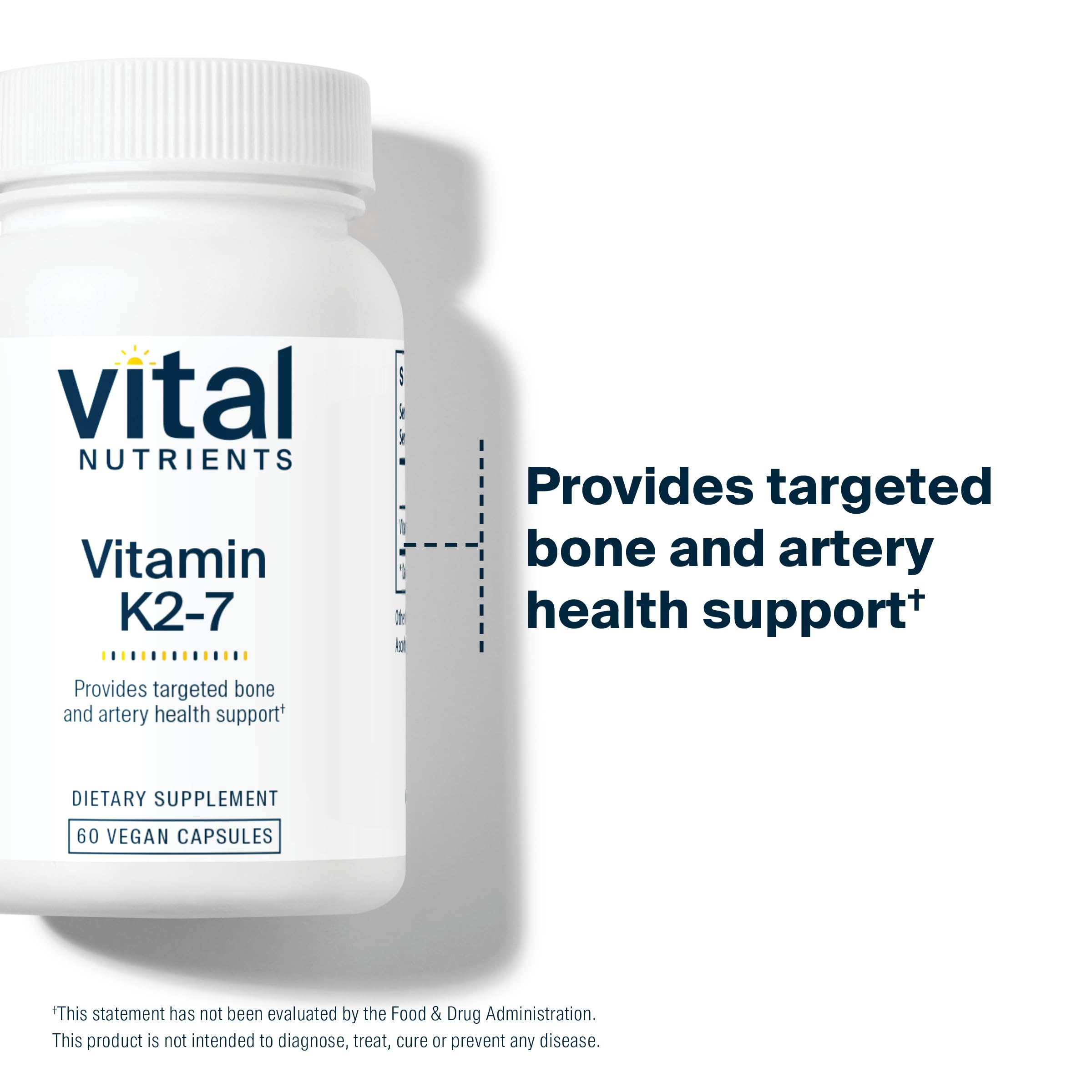 Vital Nutrients Vitamin K2-7 dosage card shows recommended intake for consistent use.