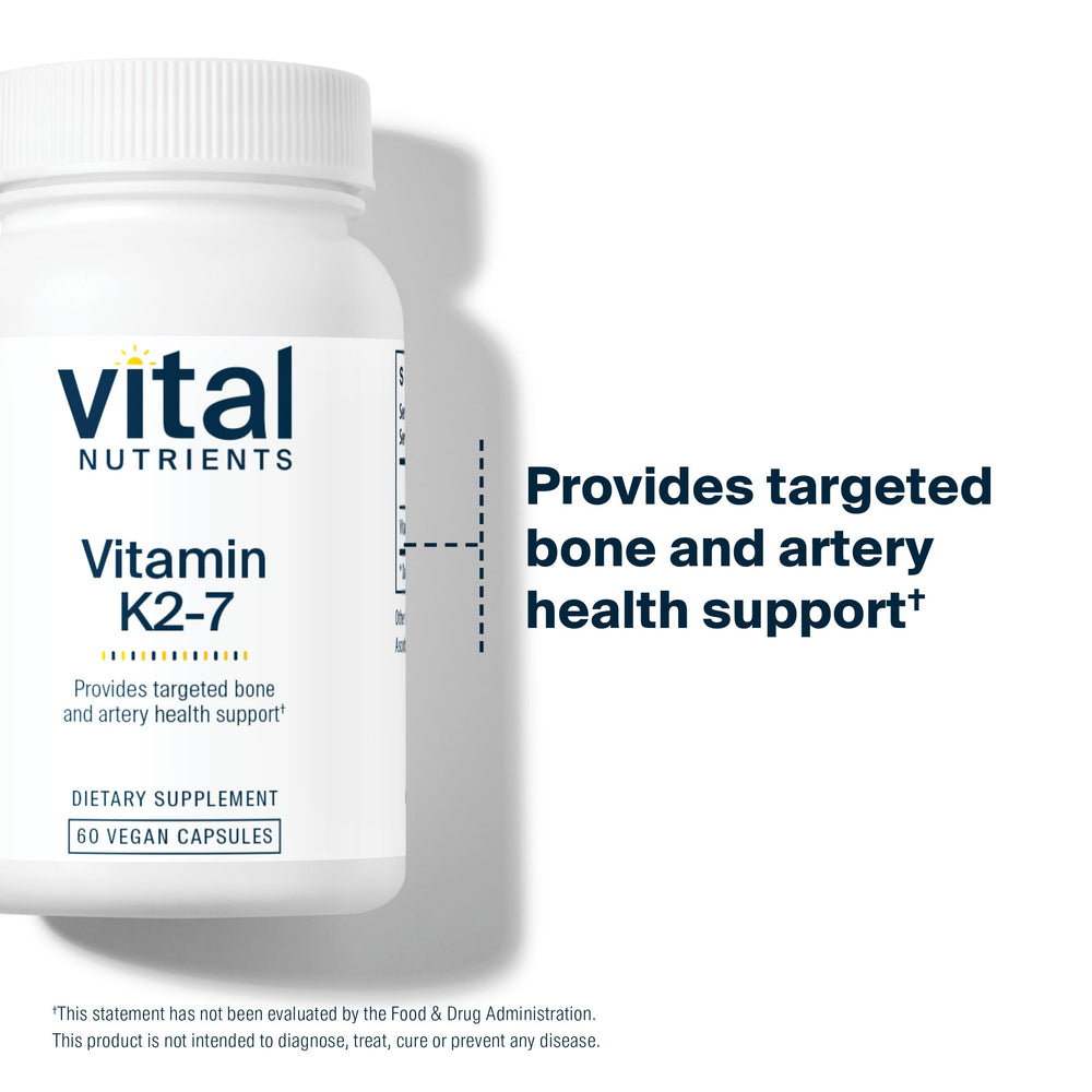 Vital Nutrients Vitamin K2-7 dosage card shows recommended intake for consistent use.
