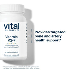 Vital Nutrients Vitamin K2-7 dosage card shows recommended intake for consistent use.