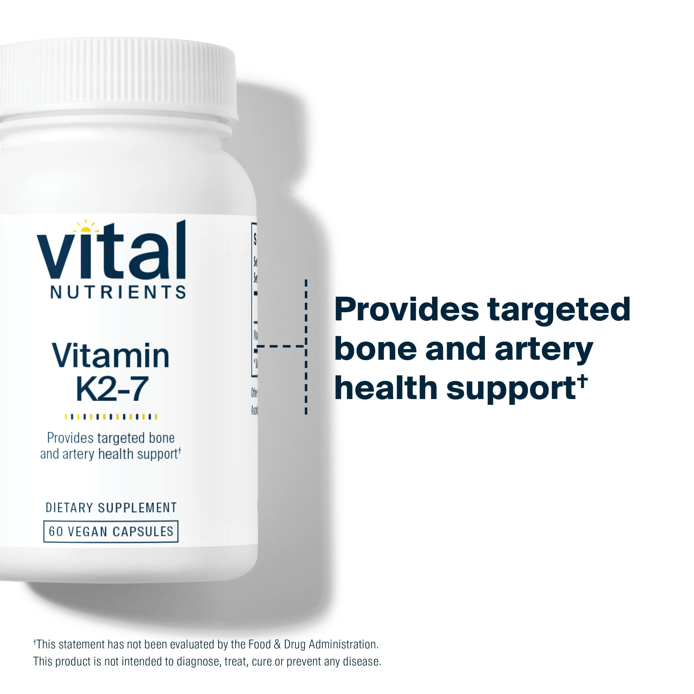 Vital Nutrients Vitamin K2-7 ingredients list underscores hypoallergenic additive-free formula.