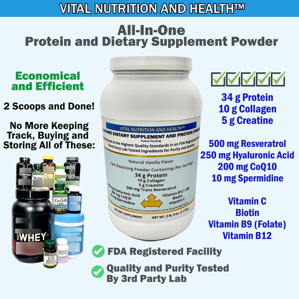 Scoop blending Vital Nutrition All-in-One powder for quick protein and collagen boost.