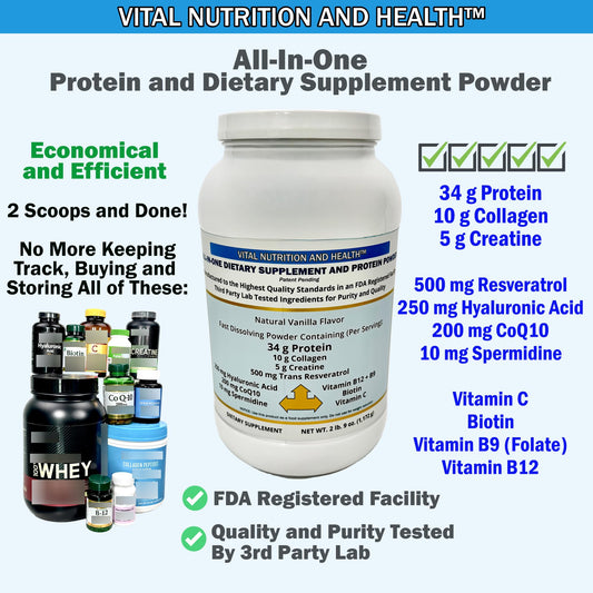 Scoop blending Vital Nutrition All-in-One powder for quick protein and collagen boost.