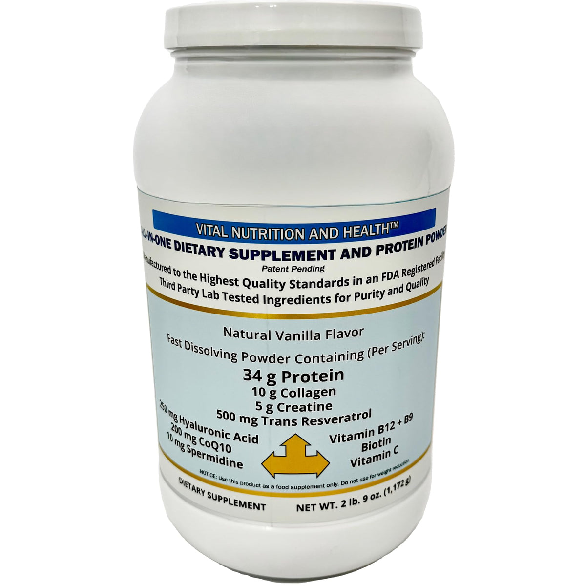 Vital Nutrition and Health All-in-One Powder tub front promoting convenient protein, collagen and vitamins.