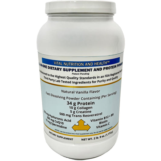 Vital Nutrition and Health All-in-One Powder tub front promoting convenient protein, collagen and vitamins.