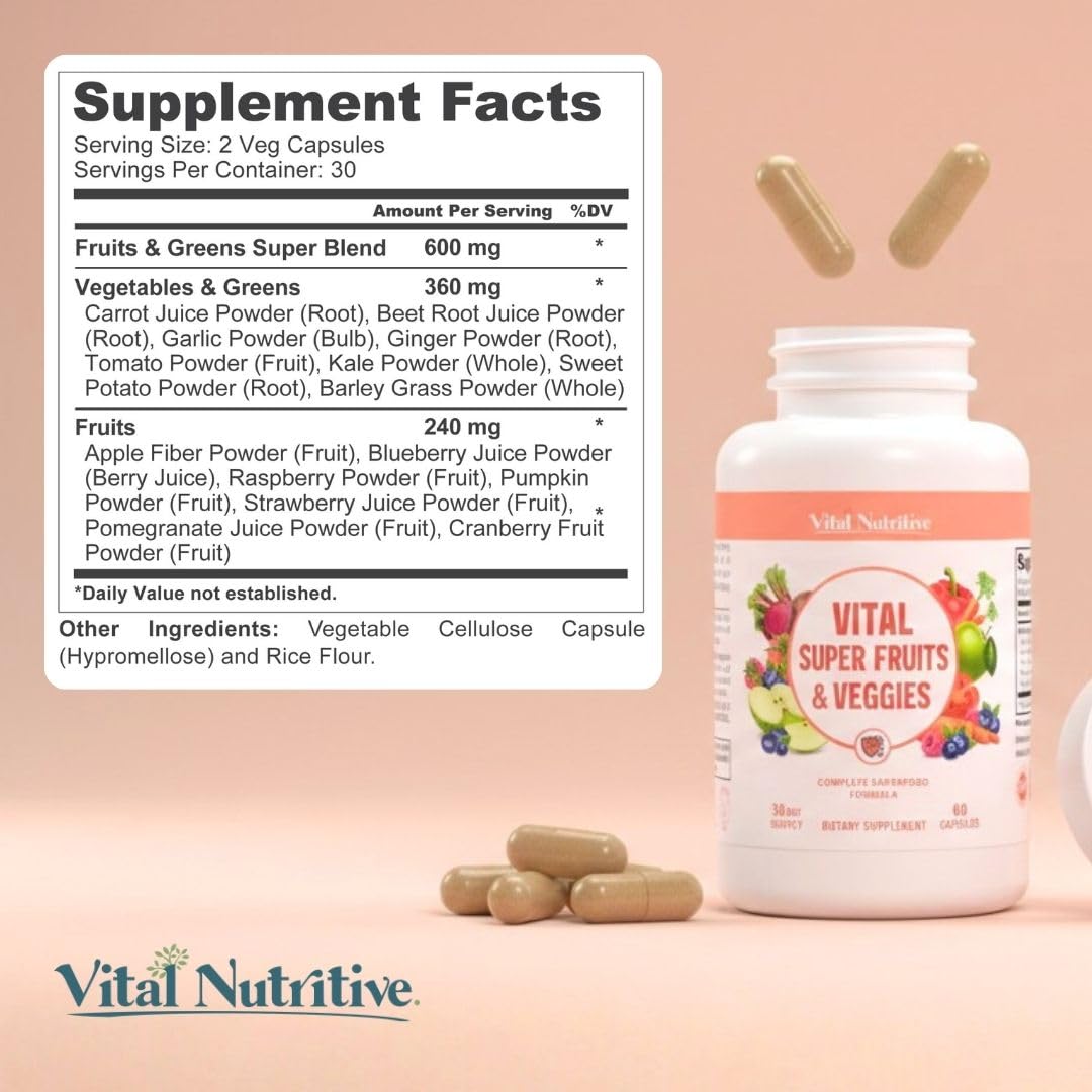 Daily wellness routine with Vital Nutritive capsules hints at sustained energy and digestion support.