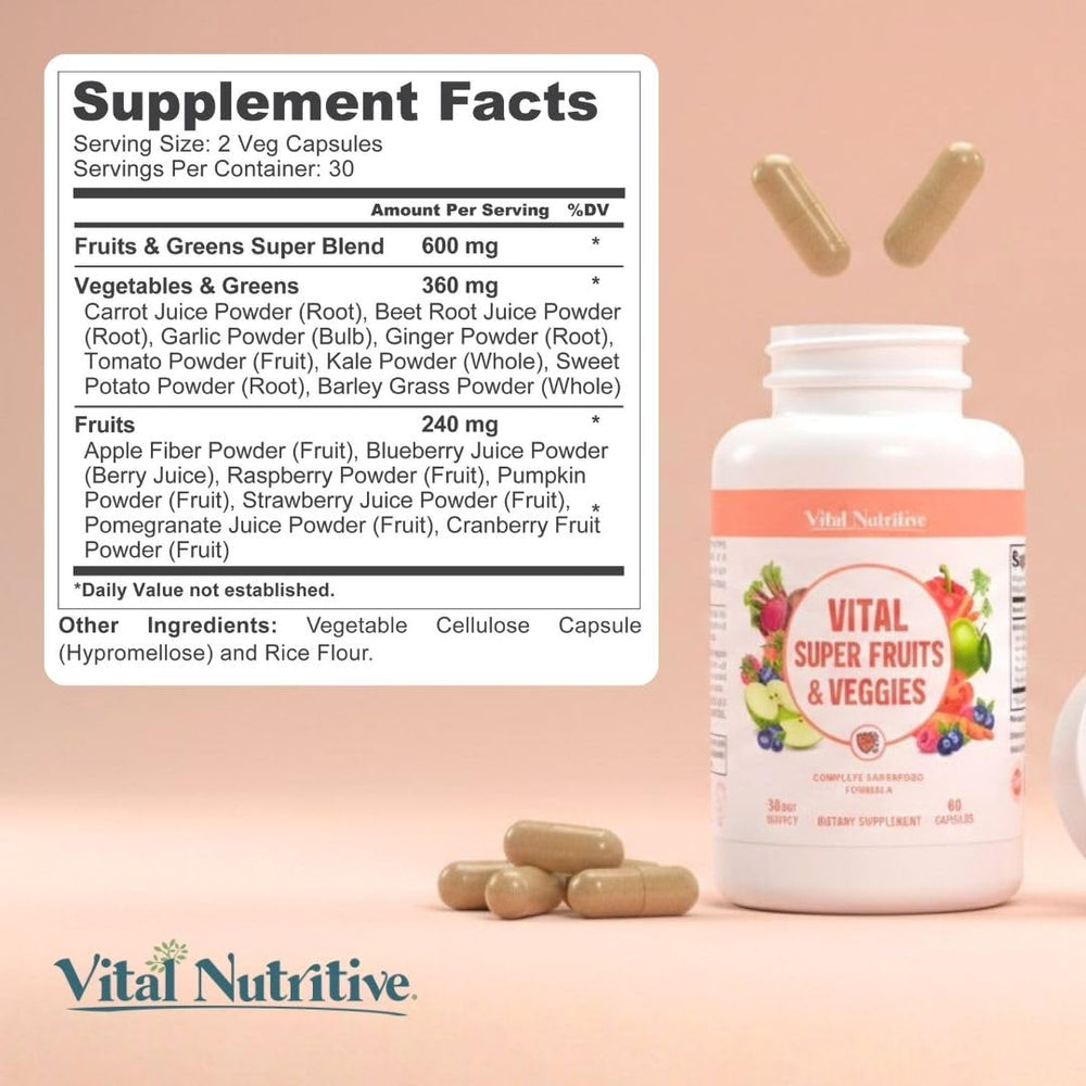 Daily wellness routine with Vital Nutritive capsules hints at sustained energy and digestion support.