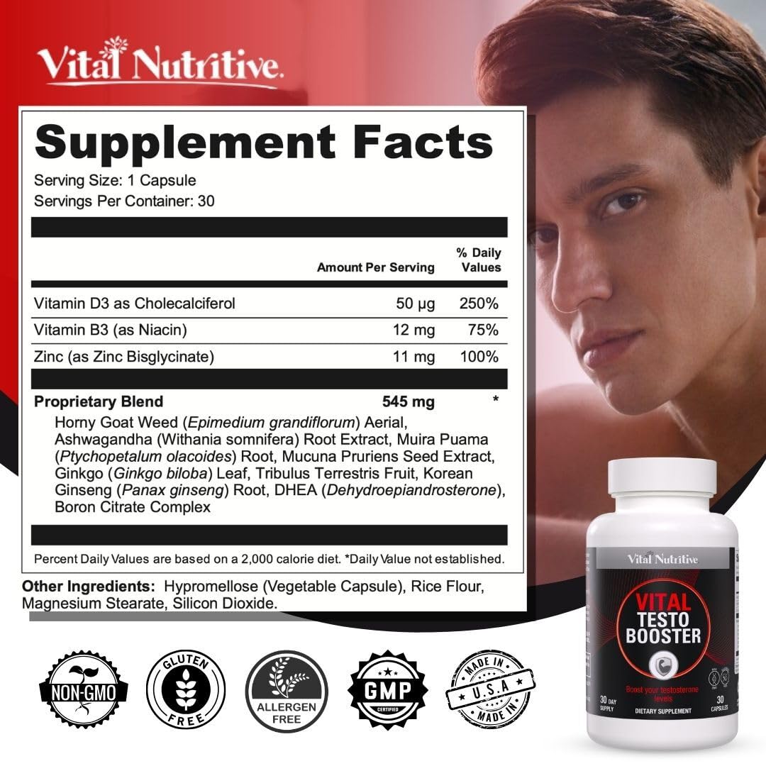 Vital Nutritive Testo Support bottle beside notebook for improved focus