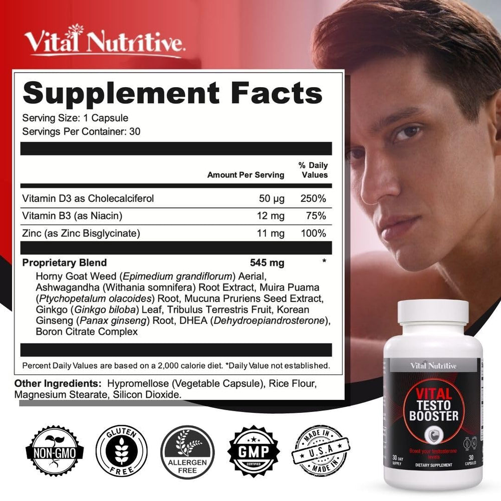 Vital Nutritive Testo Support bottle beside notebook for improved focus