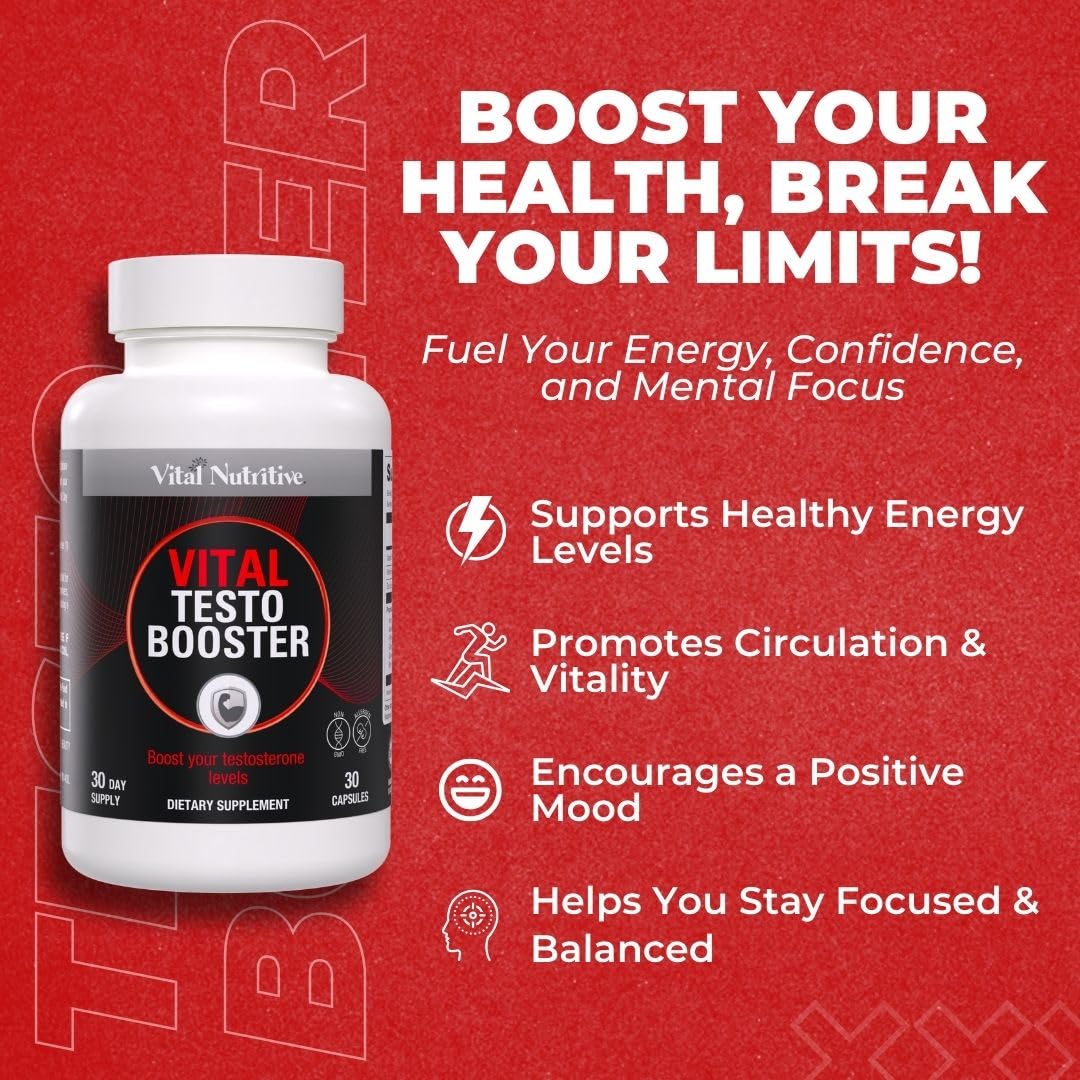 Vital Nutritive Testo Support on a desk with workout gear for daily stamina