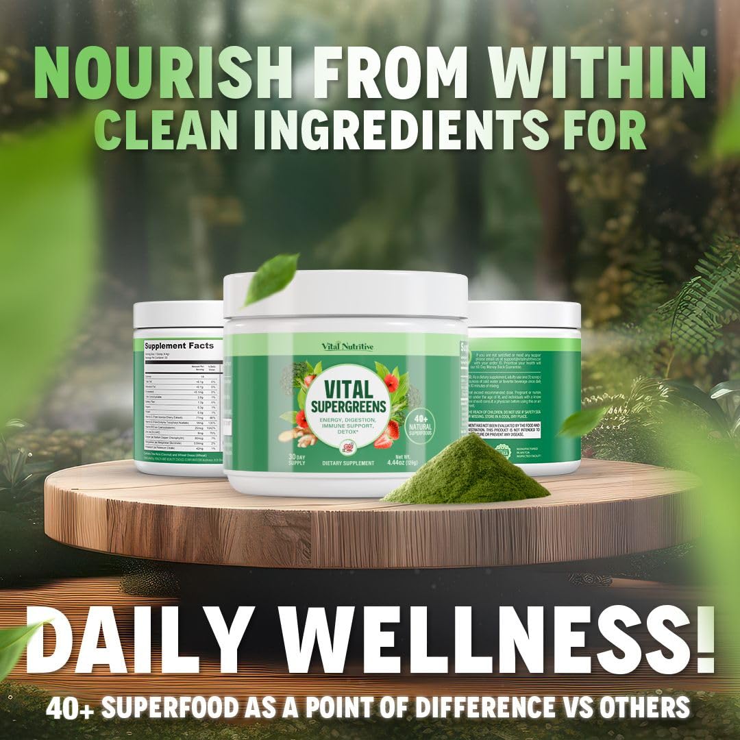 Vital Nutritive Vital Greens on kitchen counter ready for smoothies