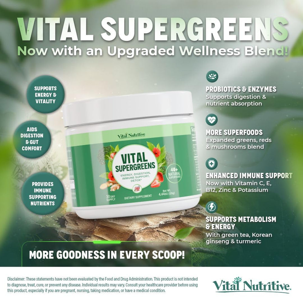Vital Nutritive Vital Greens spoon dips into liquid for quick mix