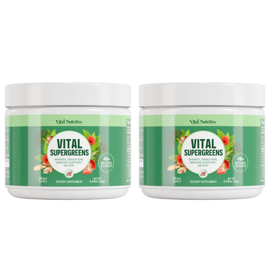 Vital Nutritive Vital Greens tub front packaging showing daily energy support