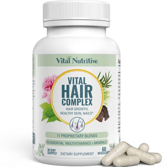 Vital Hair Complex bottle on white background signaling daily hair support for all users.