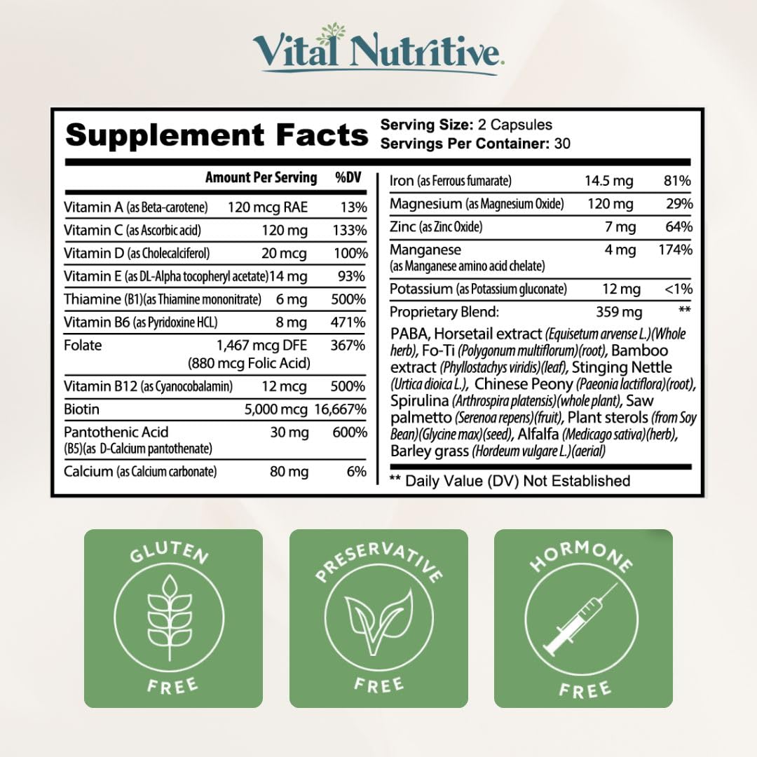 Vital Nutritive branding paired with the Vital Hair Complex label signals trusted daily use.