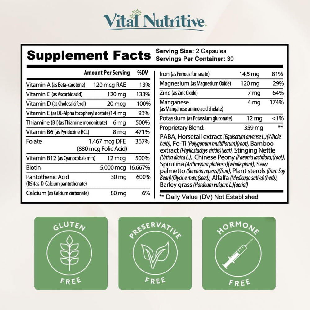 Vital Nutritive branding paired with the Vital Hair Complex label signals trusted daily use.