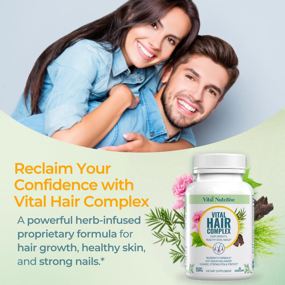 Close-up of Vital Hair Complex capsules emphasizes easy two-per-day routine.