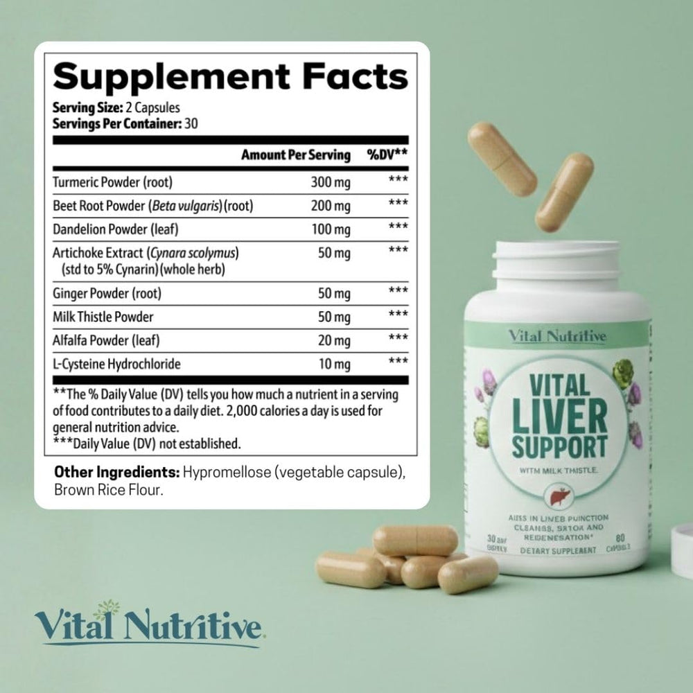 Vital Nutritive Vital Liver Support packaging indicating GMP and non-GMO quality