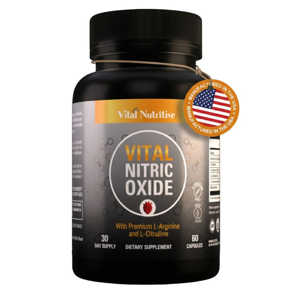 Vital Nutritive Vital Nitric Oxide bottle pouring shows circulation and energy focus