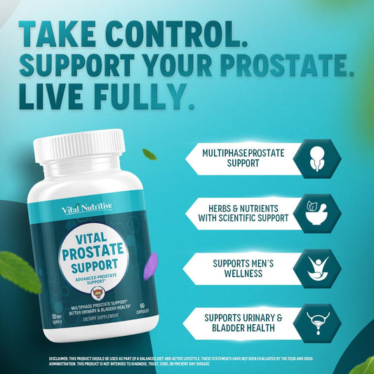 Vital Nutritive Vital Prostate Support capsules in view, designed to support urinary flow.